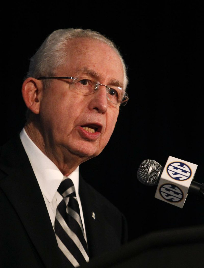 Southeastern Conference (SEC) Commissioner Mike Slive speaks during SEC media days on Monday, July 14, 2014, in Hoover, Ala. (AP Photo/Butch Dill)