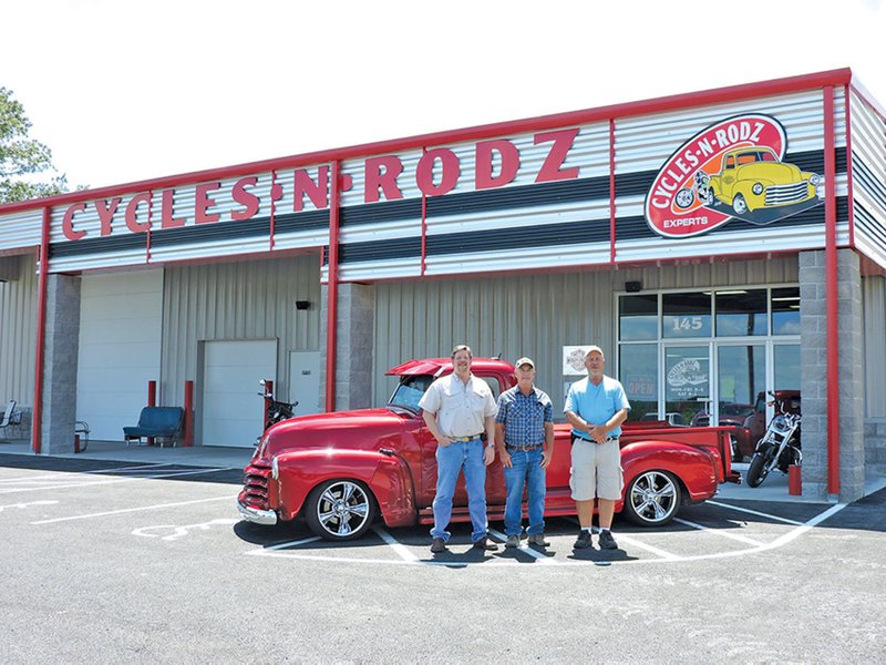 Submitted photo Owners John Brown, left, Kevin Coakley and Tim Winston, announce the grand opening of Cycles-N-Rodz Experts at 145 Blackhawk Lane, behind Winston Plaza off Airport Road. Festivities will take place Saturday from 10 a.m. to 2 p.m. There will be food, drinks, door prizes, a live band, and an exhibition by the Antique Motorcycle Club. Guests are welcome to bring their own hot rod or cycle for a &#8220;show and shine&#8221; and meet staff members Doug Adkins, general manager, Chris Conrad, Jeremy Sills, Dale Bates and Lanny Plummer. Cycles-N-Rodz offers motorcycle parts, accessories, repairs, auto restoration and modification. Hours of operation are 9 a.m. to 5 p.m. Monday through Friday and 9 a.m. to 1 p.m. Saturday.
