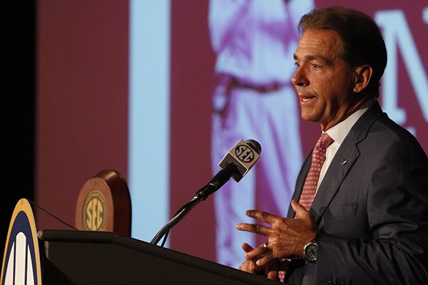 Alabama coach Nick Saban speaks to media at the Southeastern Conference NCAA college football media days on Thursday, July 17, 2014, in Hoover, Ala. (AP Photo/Butch Dill)