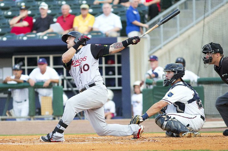 Arkansas Travelers designated hitter Michael Bianucci finished with one hit, a ninth-inning leadoff home run, against the Northwest Arkansas Naturals at Arvest Ballpark in Springdale on Monday.