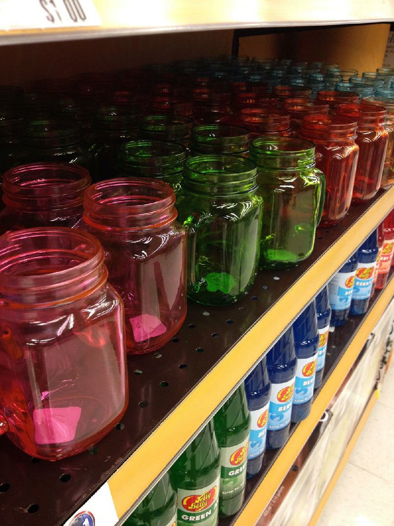 Mason-style jars are popping up more often in crafting stores and grocery stores. These handled ones, which come in a variety of colors, were recently found in a Kroger in Little Rock.