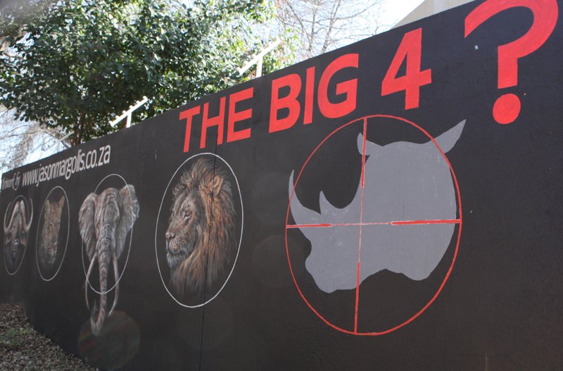A mural painted on a suburban wall in Johannesburg, South Africa calls for the halt to rhino poaching, Monday, July 21, 2014. Officials at Kruger park, South Africa's flagship wildlife reserve, are considering a plan to move some rhinos out of the park in an attempt to protect them from poachers. A spokesman said that no decision has been made on the plan adding that the idea would be to "spread the risk" to other reserves because the Kruger park is heavily targeted by poachers, many of whom cross from neighboring Mozambique. 