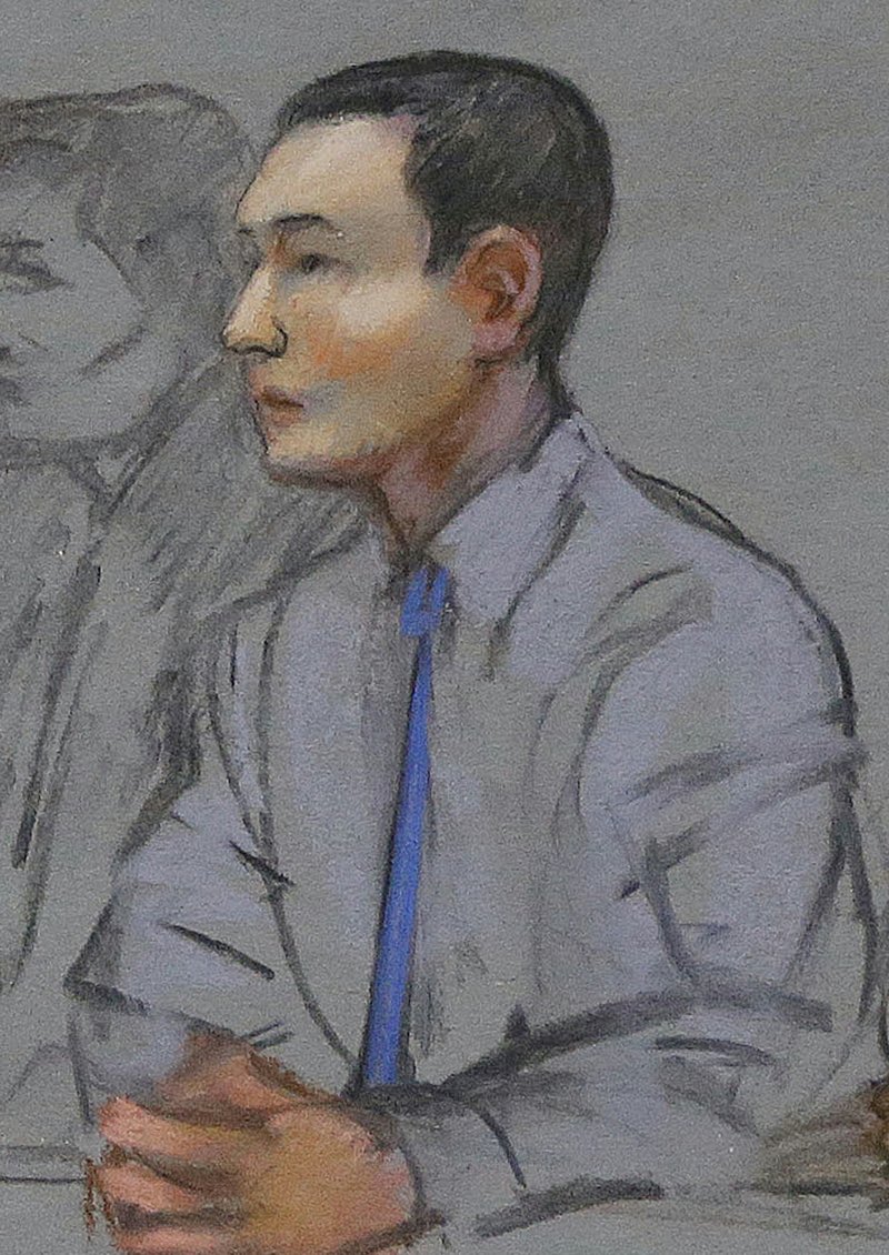 In this May 13, 2014 file courtroom sketch, defendant Azamat Tazhayakov, a college friend of Boston Marathon bombing suspect Dzhokhar Tsarnaev, sits during a hearing in federal court in Boston. Tazhayakov, of Kazakhstan, was convicted Monday, July 21, 2014 of obstruction of justice and conspiracy, impeding the investigation into the bombing. Prosecutors said he agreed with a plan by another friend, Dias Kadyrbayev, to remove Tsarnaev's backpack containing altered fireworks from his dorm room a few days after the 2013 bombings.