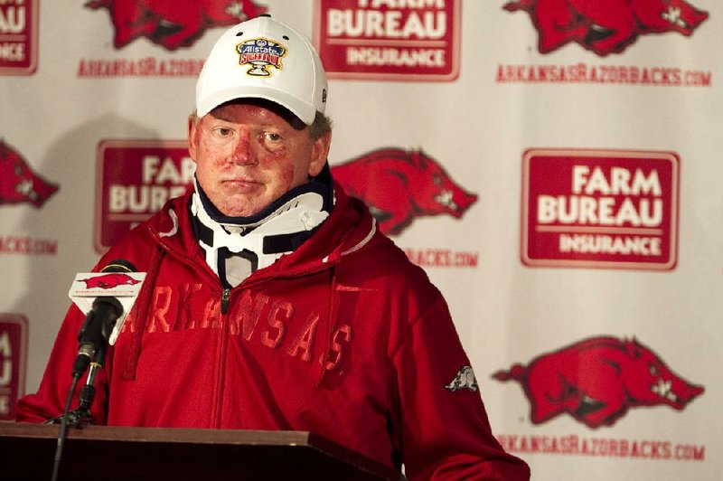 Arkansas football coach Bobby Petrino speaks during a news conference at a Fayetteville, Ark., on Tuesday, April 3, 2012, after being released from a hospital after he was injured in a motorcycle accident on Sunday, April 1. The 51-year-old says he was not wearing a helmet at the time of the crash, which occurred on Arkansas Highway 16 in Madison County _ about 20 miles southeast of Fayetteville. State law does not require an adult rider wear a helmet. (AP Photo/Gareth Patterson)