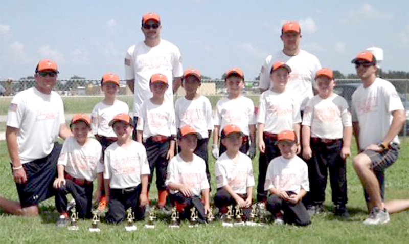 Submitted Photo The Gravette T-Ball All Stars were the 2014 T-Ball district runners up. Pictured are coaches Kelby Bohannon (left), Wes Bedwell, Dane Addington and Brad Harris. Players are: Kody Holland (front, left), Brody Bohannon, Kevin McElroy, Jonas Tidwell, Brady Addington, Cameron Bedwell (back, left), Hudson Harris, Holden Jeffries, Pierce Elsea, Jackson Harper and Peyton Greer.