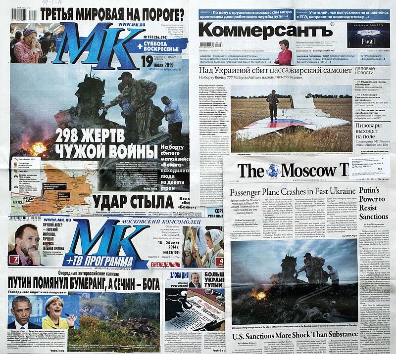 The Associated Press DENY, DENY, DENY: A combination of images of Russian nationwide weekend dailies' front pages on downed Malaysia Airlines Flight 17 in Moscow Russia, some of them reading "298 Victims of Someone Else's War," and "Kick From Behind." An assassination attempt against Russian President Vladimir Putin. A desperate ploy to draw the West into the battle for Ukraine's east. A botched mission to commit mass-murder against Russian citizens. Russian news consumers are getting plenty of explanations for the downing of Malaysian Airlines Flight 17, which killed 298 people. While they vary wildly in content, they share one thing in common: All point the finger at Ukraine. None admits the possibility that Russia may bear responsibility.