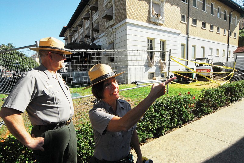 Park Ranger Mark Scott and Park Superintendent Josie Fernandez reviewed in May 2013 some of the improvements made along Bathhouse Row in Hot Springs National Park. Later in the year, the Fordyce Bath House reopened as the park’s visitor center. Most of the bathhouses along the row are now open to the public.