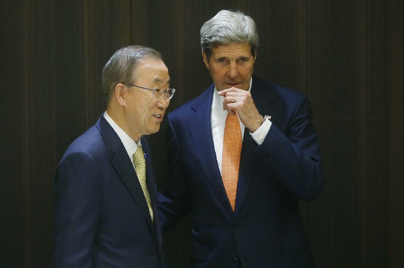 U.S. Secretary of State John Kerry meets with U.N. Secretary-General Ban Ki-moon in Jerusalem, Wednesday, July 23, 2014. Kerry is meeting with Ban, Israeli Prime Minister Benjamin Netanyahu, and Palestinian Authority President Mahmoud Abbas as efforts for a cease-fire between Hamas and Israel continues. (AP Photo/Pool)