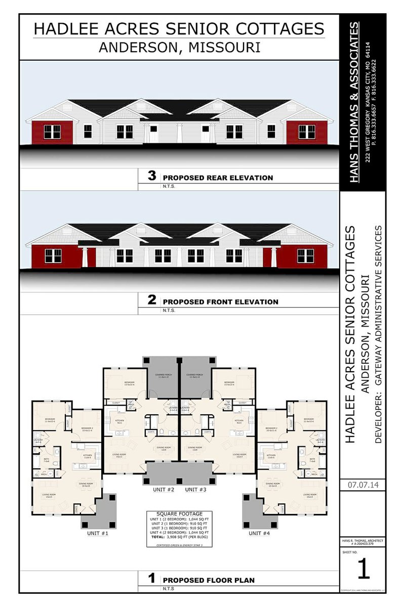 COURTESY CITY OF ANDERSON Floor plans and front and rear elevations of a proposed 32-36 unit senior housing complex approved by the Anderson City Council.