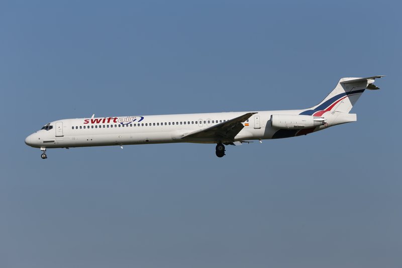 This photo taken on Friday, May 16, 2014 shows an MD-83 aircraft in the livery of Swiftair landing at Zaventem Airport Brussels. An Air Algerie flight carrying over 100 people from Burkina Faso to Algeria's capital disappeared from radar early Thursday over northern Mali after heavy rains were reported, according to the plane's owner and government officials in France and Burkina Faso.