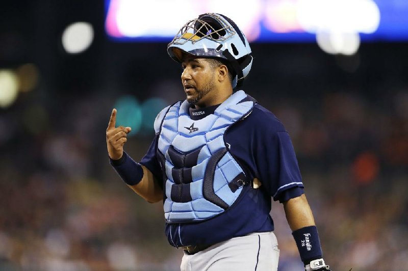 Tampa Bay Rays catcher Jose Molina is seen during the seventh inning of a baseball game against the Detroit Tigers in Detroit, Sunday, July 6, 2014. (AP Photo/Carlos Osorio)