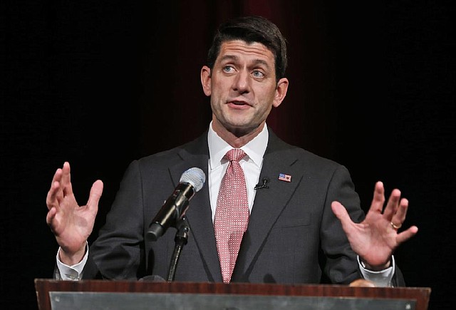 FILE - In this June 6, 2014 file photo, Rep. Paul Ryan, R-Wis., gestures as he speaks during a gala prior to the start of the Virginia GOP Convention in Roanoke, Va.   Ryan proposed a new plan Thursday to merge up to 11 anti-poverty programs into a single grant program for states that he said would allow more flexibility to help lift people out of poverty, in a speech to the American Enterprise Institute.  (AP Photo/Steve Helber)