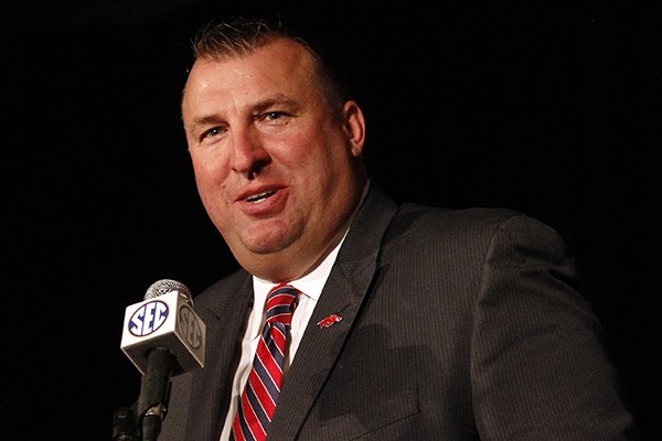 Arkansas coach Bret Bielema speaks to media at the Southeastern Conference football media days on Wednesday, July 16, 2014, in Hoover, Ala. (AP Photo/Butch Dill)