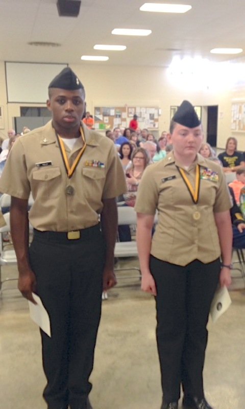 Submitted photo Michael Kelly, left, and Kaylin Edge were recently named as honor cadets from Hot Springs High School during awards ceremony of the Navy Junior ROTC Camp at North Little Rock&#8217;s Camp Robinson. Seventy-seven top cadets practiced platoon drill, sword manual, land navigation, marksmanship and spent eight hours in the classroom focusing on improving their leadership skills.