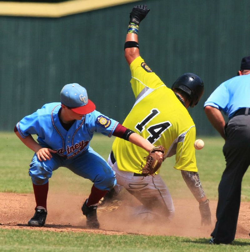 Mountain Home Lockerroom’s Justin Gardner (14) steals second base while the ball gets past Jacksonville’s Ryan Mallison in Mountain Home’s 9-3 victory in the American Legion AAA State Tournament on Saturday at Bryant High School.