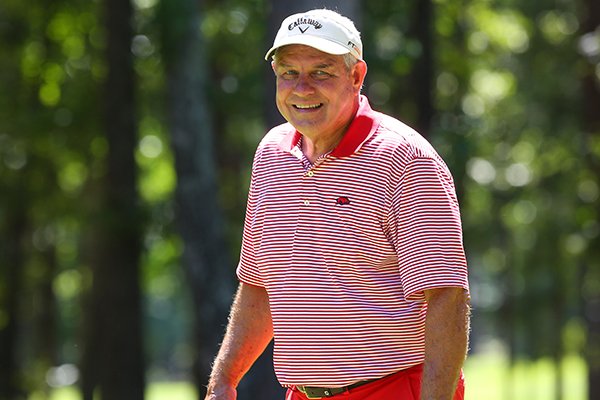 Former Arkansas head football coach Ken Hatfield during Monday's Pat Summerall Arkansas Sports Hall of Fame Classic at Chenal Country Club.