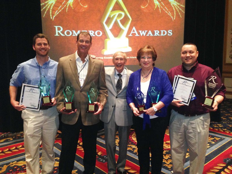 Submitted photo FIFTH STRAIGHT YEAR: The marketing department at Oaklawn Park won six Romero Awards (one Diamond, four Gold, and one Silver) during the recent Gaming Marketing Conference in Las Vegas. From left, are, Brad Hall, database manager, Bobby Geiger, director of gaming and wagering, John Romero, Kim Baron, director of marketing, and Brandon Scott, assistant director of marketing. This is the fifth straight year the team has been recognized.