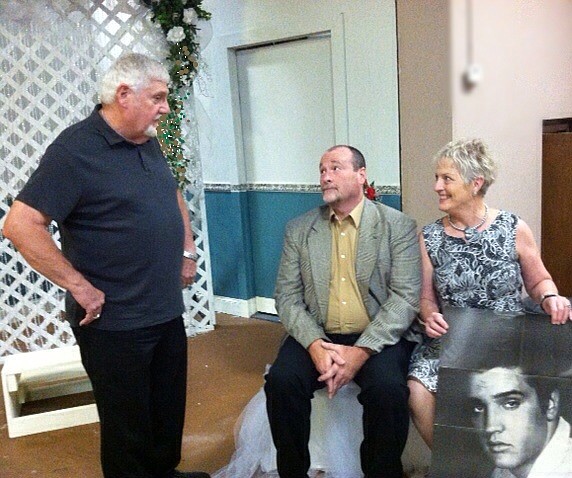 Submitted photo WALK THROUGH: From left, Jerry Longinotti, Kevin Day and Ann Wilson rehearse the scene when a couple of washed-up actors visit the Las Vegas chapel to get married as a publicity event to spark their careers and meet &#8220;a strange little man.&#8221;