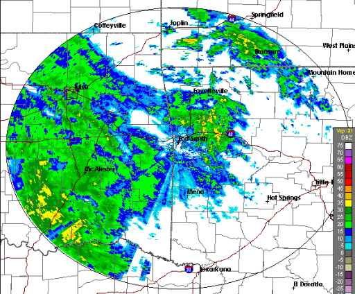 This radar image from the National Weather Service shows heavy rains moving into western Arkansas just before 11 a.m.