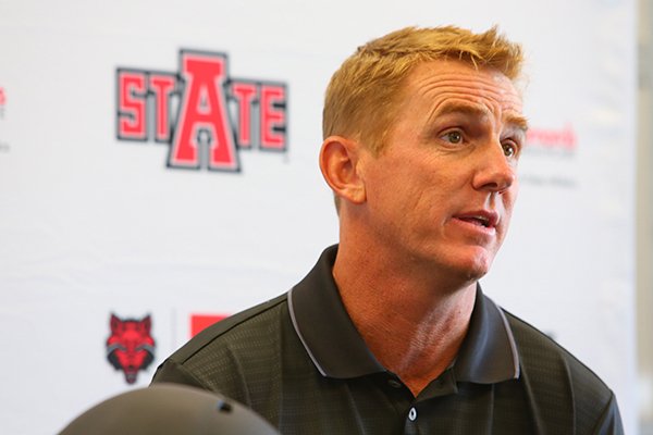 Arkansas State football coach Blake Anderson answers questions during Wednesday's media day in Jonesboro. 