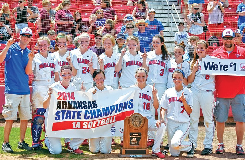 The Midland Lady Mustangs took home the Class 1A softball title with a 3-0 victory over Viola in the state championship game May 24 at the University of Arkansas’ Bogle Park, finishing 30-6 for the season.