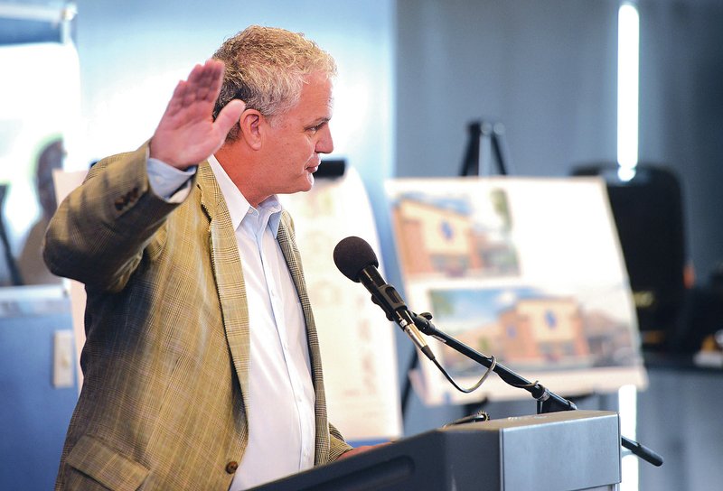 STAFF PHOTO SAMANTHA BAKER &#8226; @NWASAMANTHA Doug Sprouse, Springdale mayor, thanks residents, the city and Chamber of Commerce for their support during a news conference announcing the Sam&#8217;s Club.