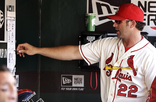 St. Louis Cardinals manager Mike Matheny points to a lineup in the dugout during a baseball game against the Los Angeles Dodgers Saturday, July 19, 2014, in St. Louis. (AP Photo/Jeff Roberson)