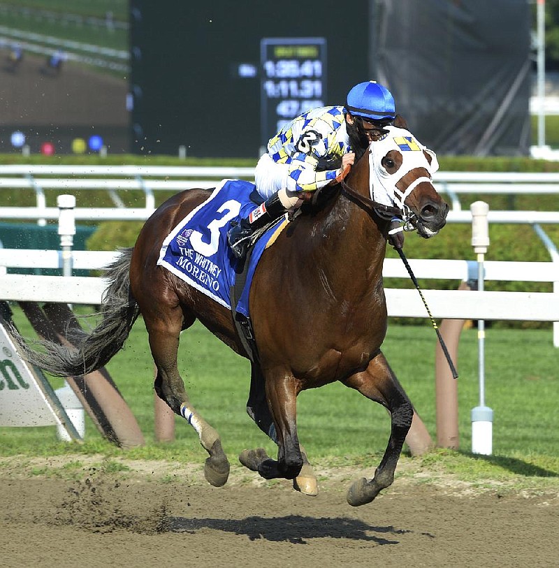 Moreno ridden by jockey Junior Alvarado outlasted the field to win the 87th running of The Whitney Saturday, Aug. 2, 2014 at the Saratoga Race Course in Saratoga Springs, N.Y.  (AP Photo/Times Union, Skip Dickstein)