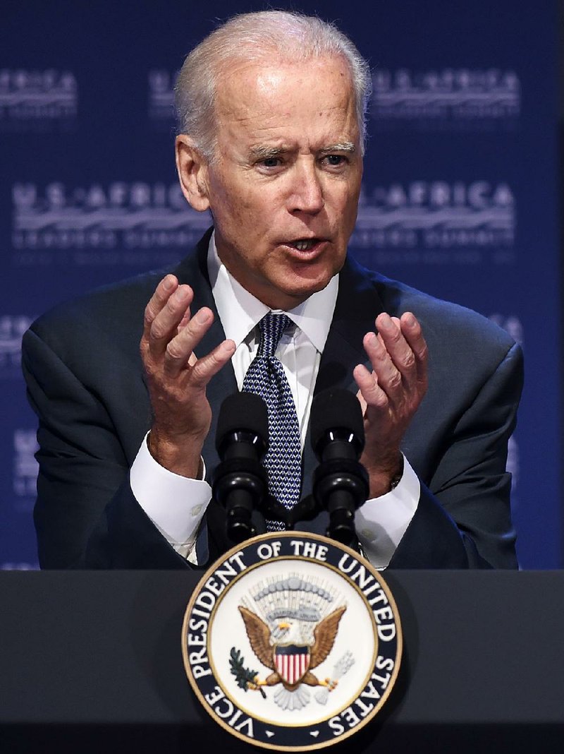 Vice President Joe Biden gestures as he speaks in Washington, Monday, Aug. 4, 2014, during the Civil Society Forum of the US Africa Summit.  President Barack Obama is gathering nearly 50 African heads of state in Washington for an unprecedented summit aimed in part at building his legacy on a continent where his commitment has been questioned. (AP Photo/Susan Walsh)