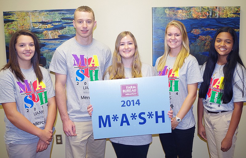 Photograph submitted Five junior and senior high school students from Benton County are attending a Medical Applications of Science for Health (M*A*S*H) camp July 28-Aug. 8 at Mercy Hospital in Rogers. They are, from left: Christina Cotton and Jared Woolard, both of Pea Ridge; Jourdan Fox, Rogers; and Mishann Leudders and Rachna Talluri, both of Bentonville.