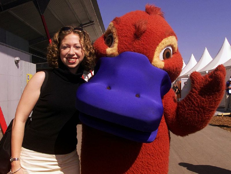 Chelsea Clinton poses with the new Razorbacks mascot Monty at the Clinton Presidential Library in April. Monty is set to debut in the Hogs’ season opener against Auburn.