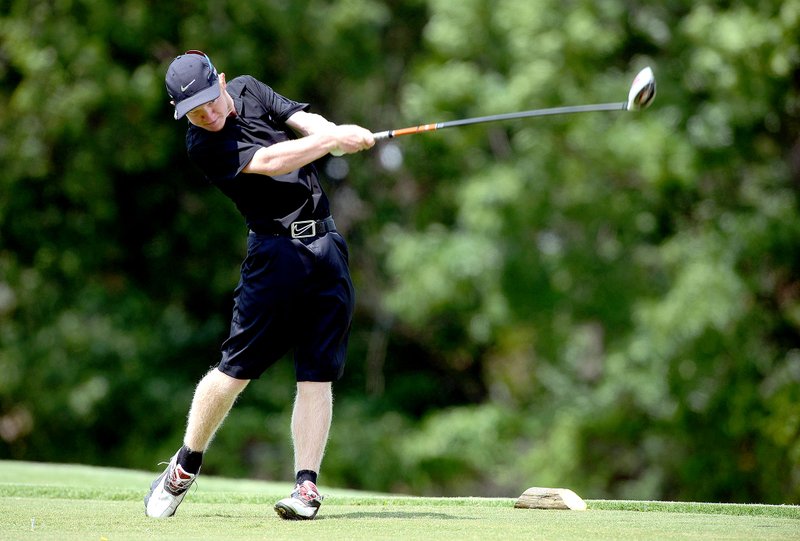 Samantha Baker/NWA Media Siloam Springs senior Cody Casebeer tees off on the 18th fairway Wednesday at Springdale Country Club during the Springdale Bulldog Invitational. The Panthers finished in a tie for fourth overall in the tournament.