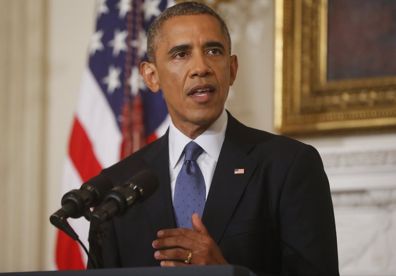 In this Thursday, Aug. 7, 2014, file photo, President Barack Obama speaks about the situation in Iraq in the State Dining Room at the White House in Washington. As Obama makes the case for U.S. airstrikes in Iraq, hes drawing on a use of force doctrine he outlined less than three months ago, when the potential for deploying the military overseas appeared to be something he was trying to avoid.