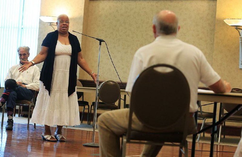Arkansas Democrat-Gazette/RICK MCFARLAND--08/11/14--    Beulah Tidwell, of North Little Rock, makes comments during a public meeting Monday to discuss a rate increase for members at the Patrick Henry Hays Senior Citizens Center in North Little Rock.