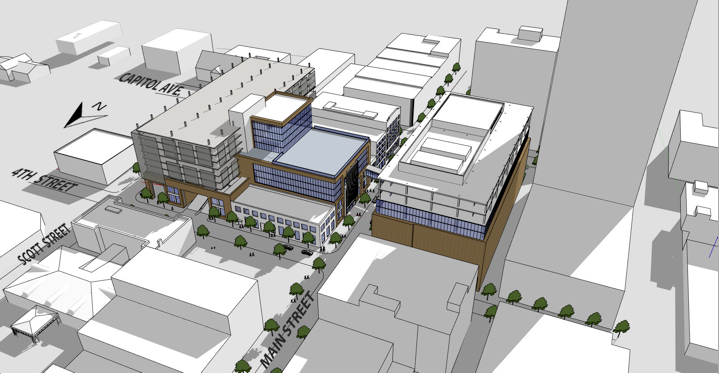 Chad Young, of WD&D Architects, on Wednesday presented to the Little Rock Technology Park Authority Board this rendering of what the tech park could potentially look like at Main, Scott and Fourth streets in downtown Little Rock. The board approved the downtown location in its July meeting.