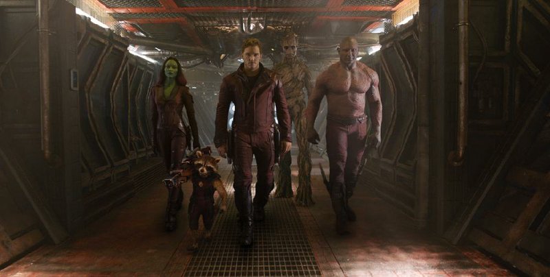 Gamora (Zoe Saldana), Rocket (voice of Bradley Cooper), Peter Quill (Chris Pratt), Groot (voice of Vin Diesel) and Dax the Destroyer (Dave Bautista) must find common cause to save the universe in Guardians of the Galaxy.