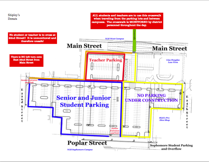 This map released by the North Little Rock School District shows the main parking lot that will be available to teachers, seniors and juniors at North Little Rock High School-West Campus during the first month of school. By mid-September, the yellow area will become available and all lots east of campus are expected to be paved and painted, officials said. 