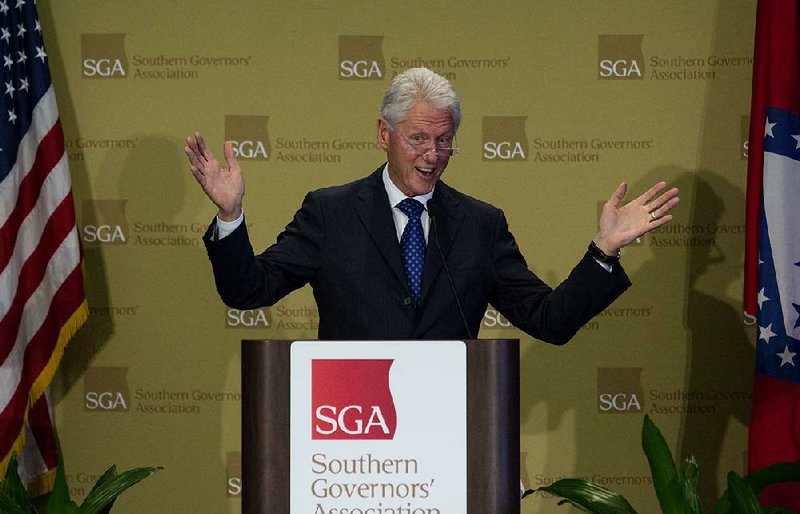 Arkansas Democrat-Gazette/MELISSA SUE GERRITS - 08/15/2014 - Former president Bill Clinton speaks to guests of the Southern Governor's Conference at the Marriott Hotel in Little Rock August 15, 2014. Clinton discussed the conference's topic and mentioned Orlando Florida. Gesturing, he exclaimed, "If you're a parent, or soon to be grand parent... "referencing Orlando's rise in computer simulation in connection with Disney World. 

