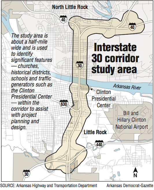 A map showing the location of the Interstate 30 corridor study area.