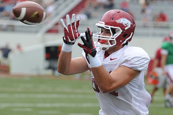 Arkansas sophomore tight end Hunter Henry makes a catch during practice Saturday, Aug. 16, 2014, at Razorback Stadium in Fayetteville.