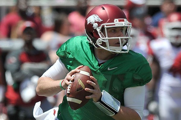 Arkansas quarterback Austin Allen looks for a receiver during the Red-White Game on Saturday, April 26, 2014 at Razorback Stadium in Fayetteville. 