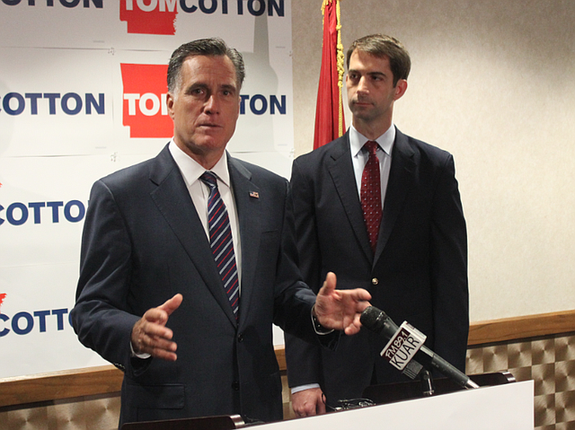 Former Massachusetts Governor and Republican presidential nominee Mitt Romney endorses U.S. Senate hopeful Tom Cotton Thursday.