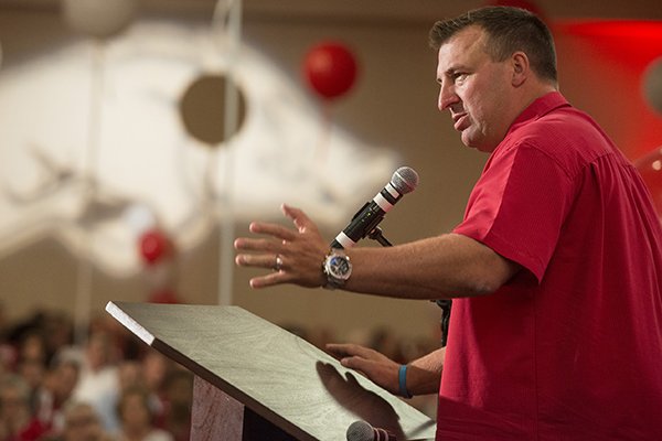 Arkansas coach Bret Bielema gives a few remarks Friday, Aug. 22, 2014 at the 2014 Arkansas Football Kickoff Luncheon at the Northwest Arkansas Convention Center in Springdale. 