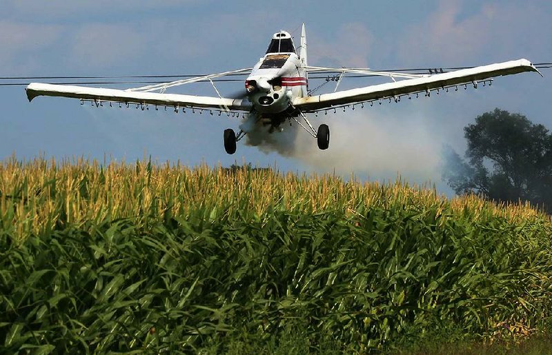 A pilot releases smoke to gauge wind direction during a crop-dusting demonstration over a cornfield earlier this month in Arlington, Wis. Field inspections show the U.S. corn harvest could be 1 percent more than a recent government estimate.