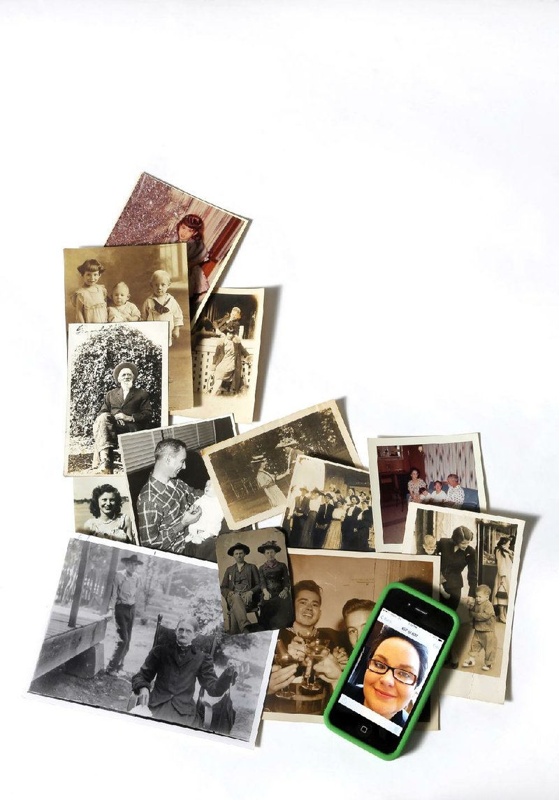 Arkansas Democrat-Gazette photo illustration/JOHN SYKES JR. - To illustrate Nathania Sawyer's story about how to organize digital photos. A cover shot of old photographs and a "selfie" on a phone. Also, photos of some other ways of displaying photos.
