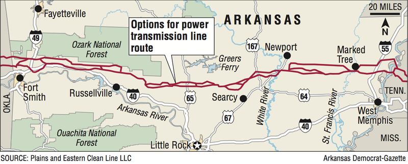 A map showing the options for power transmission line route through Arkansas.
