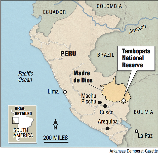 A map of Peru especially showing the Tambopata National Reserve.