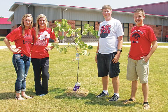 Cabot Freshman Academy student leadership team members Miriam Pruitt, from left, Autumn Klein, Jerry Griffin and Jesse Jeffers stand with a tree the leadership team planted in the courtyard of the new school.