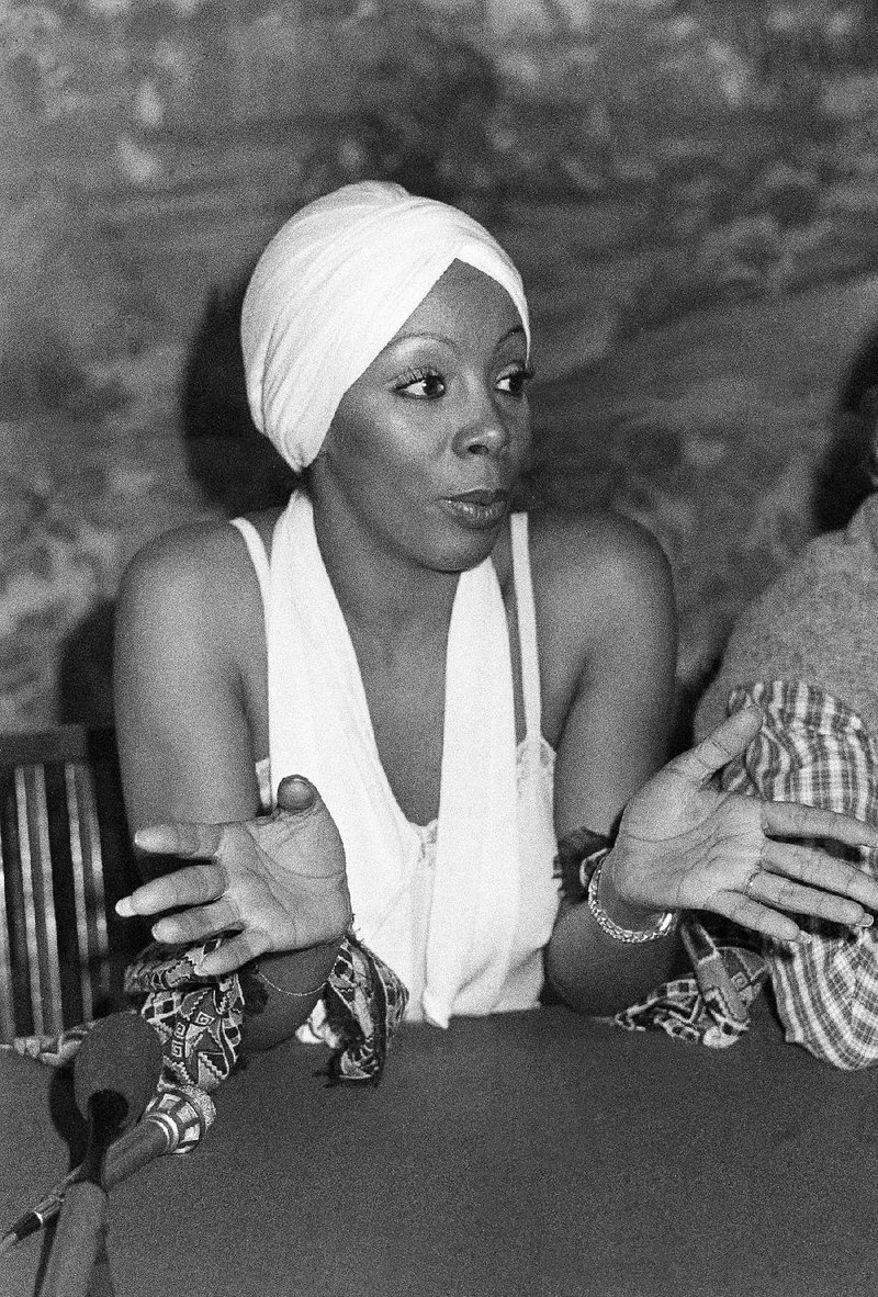 FILE - In this Oct. 13, 1977 file photo, Donna Summer speaks during a press conference in Rome. (AP Photo)