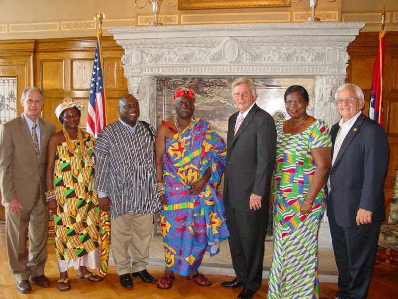 A delegation from Ghana visited the state Capitol on Wednesday as part of a Sister City trip to Jacksonville. From left are Jacksonville Mayor Gary Fletcher; Mama Komla-Teng II, queen of the Kpando municipal district; James Kpatakpa, Ghana’s deputy national youth organizer; Togbe Dagadu VIII, paramount chief of the Akpini state of Ghana; Gov. Mike Beebe; Paulina Adinyirah, municipal chief executive of Kpando; and state Sen. Eddie Joe Williams, R-Cabot.